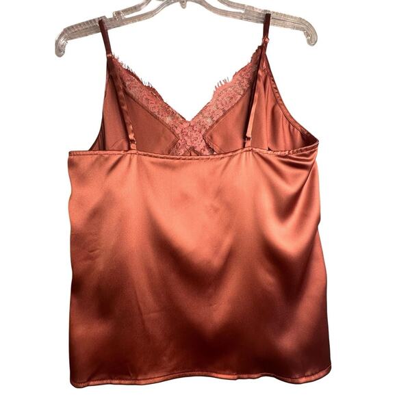 Elegant Lace Trim Satin Blouse - Rust - Picture 3 of 16